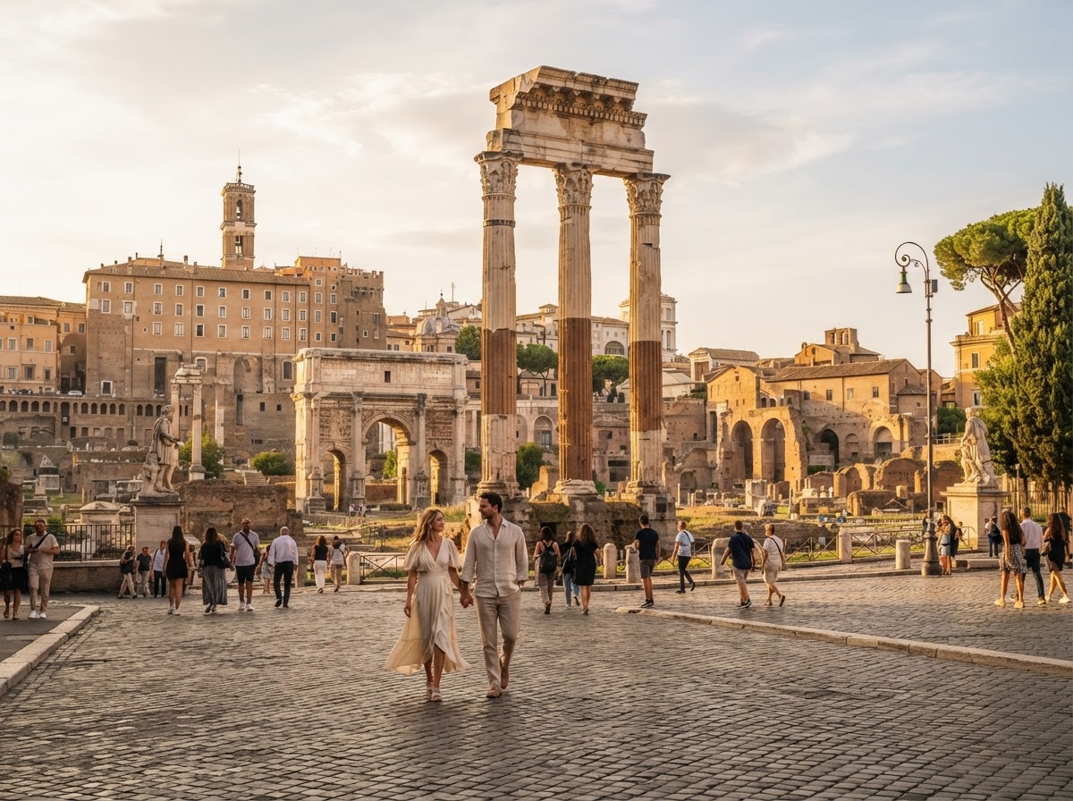 An elegant Rome travel photograph featuring ancient Roman architecture and a beautiful historic piazza