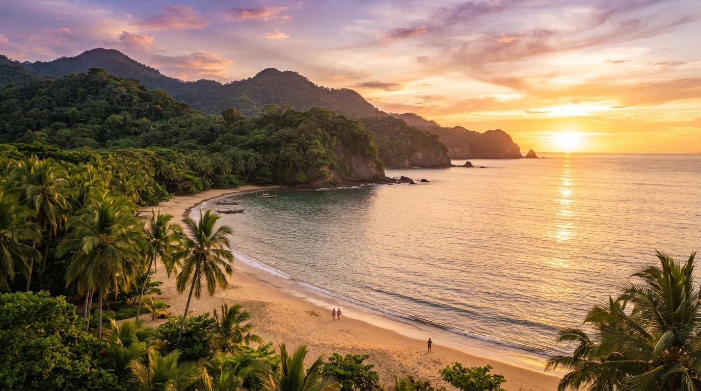 Breathtaking Central American tropical coastline at sunset with lush greenery, beautiful ocean views, and warm golden light