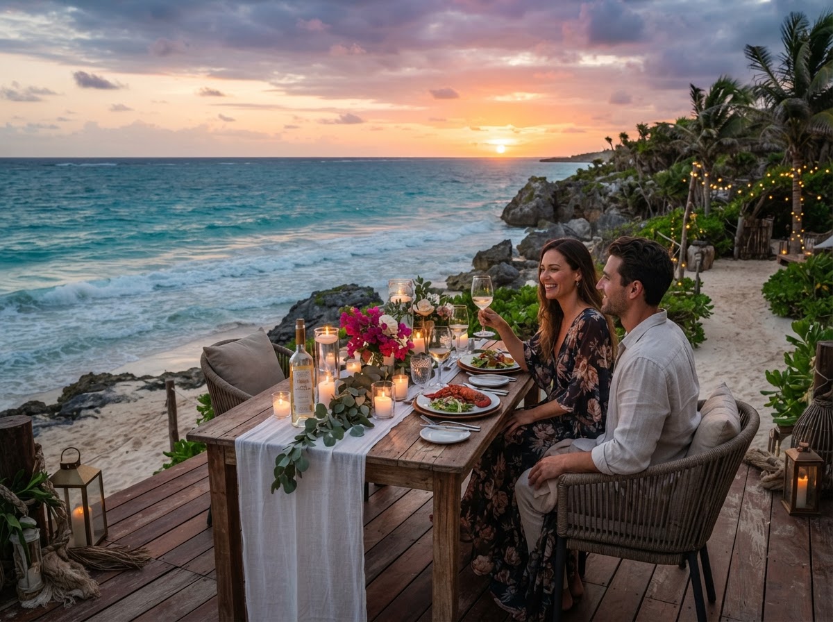Romantic oceanfront dinner at sunset with beautiful coastal views in Mexico