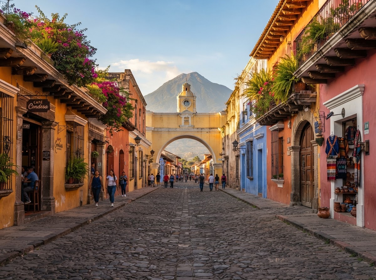 A colorful historic street in Antigua Guatemala featuring authentic colonial architecture and warm sunlight