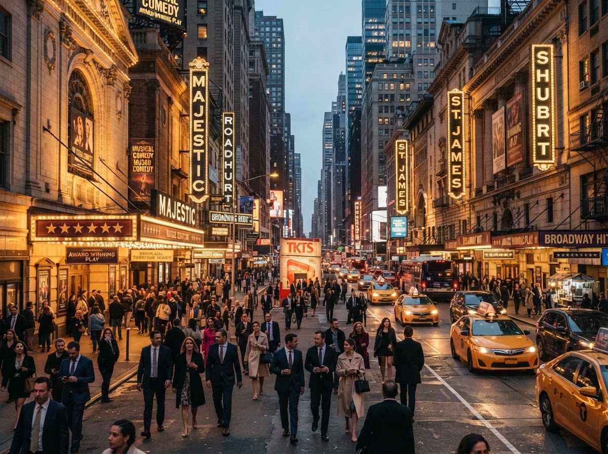 An elegant New York theater district at evening with marquee lights and a sophisticated atmosphere
