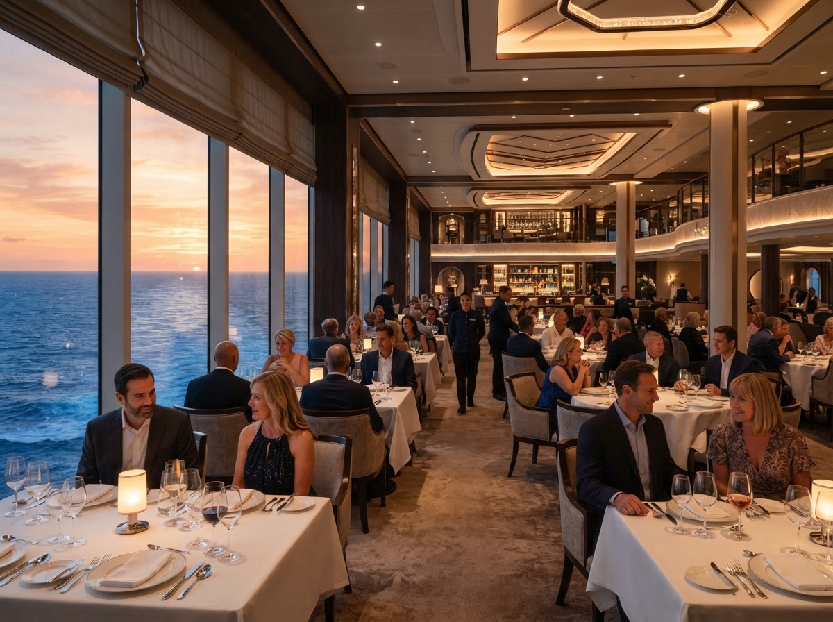 Celebrity Cruises elegant dining room with panoramic ocean views