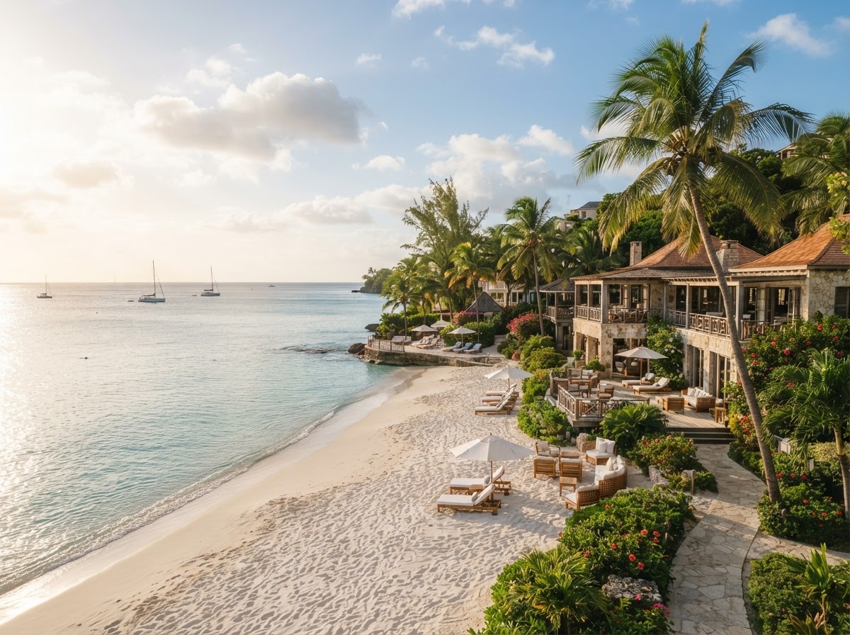 Elegant Barbados beachfront resort overlooking a peaceful turquoise sea