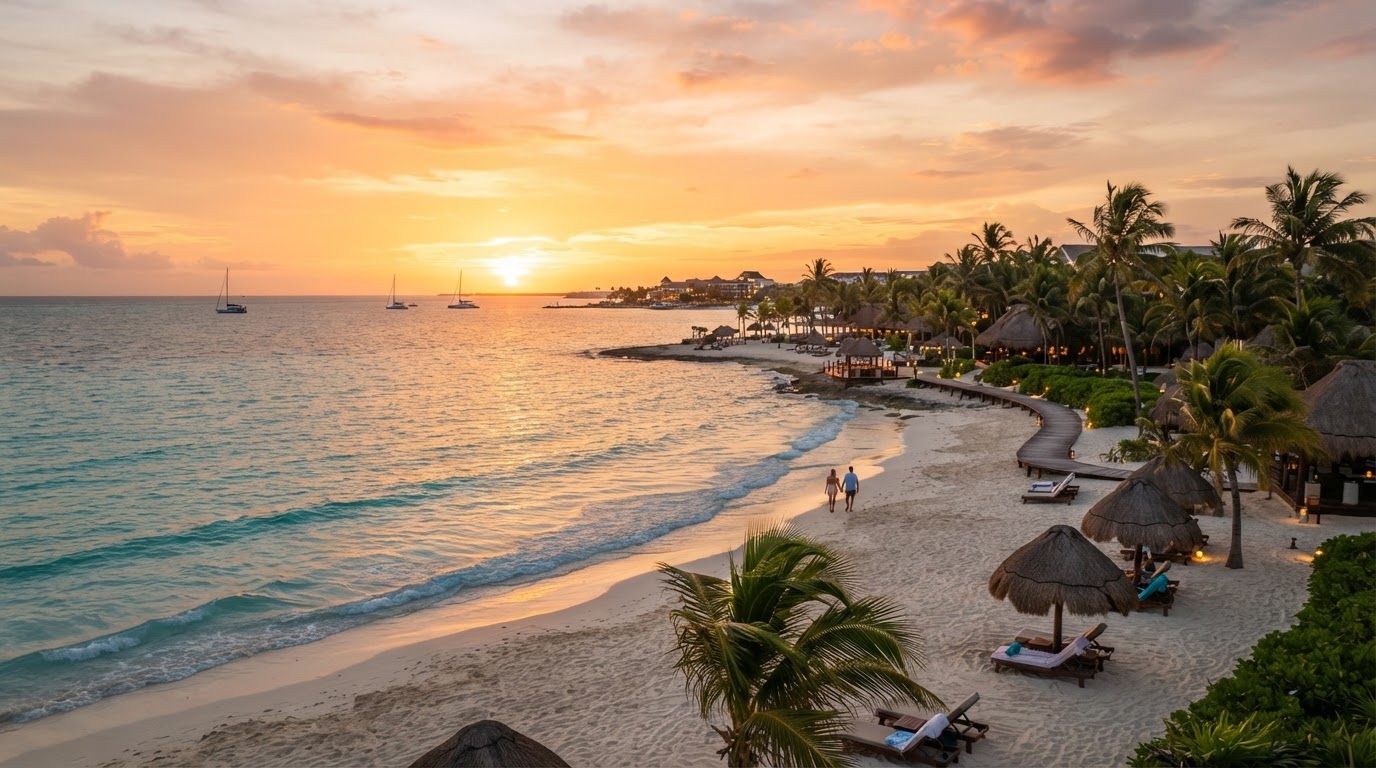 Breathtaking Mexico resort beach at sunset with warm golden light, palm trees, and peaceful ocean views