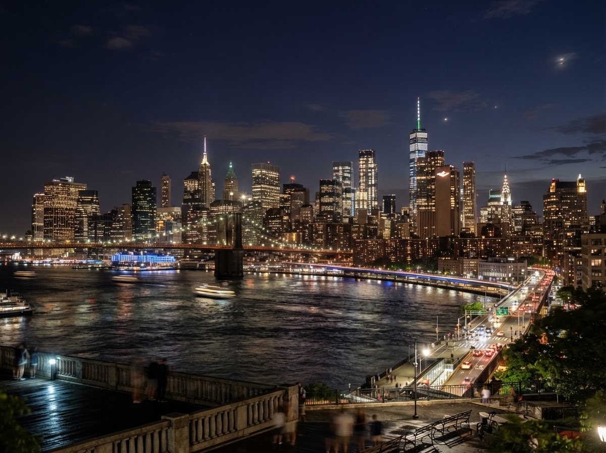 A breathtaking nighttime New York City skyline with illuminated buildings and a sophisticated urban atmosphere