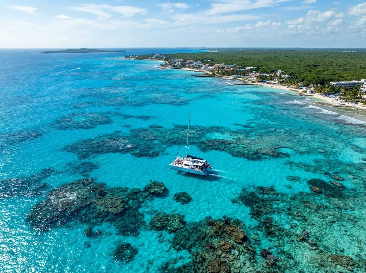 Brilliant turquoise water over Cozumel's coral reefs with a beautiful tropical coastline and sailing boat