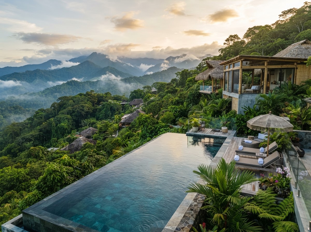 Luxury eco-lodge with an elegant infinity pool surrounded by lush Costa Rican rainforest