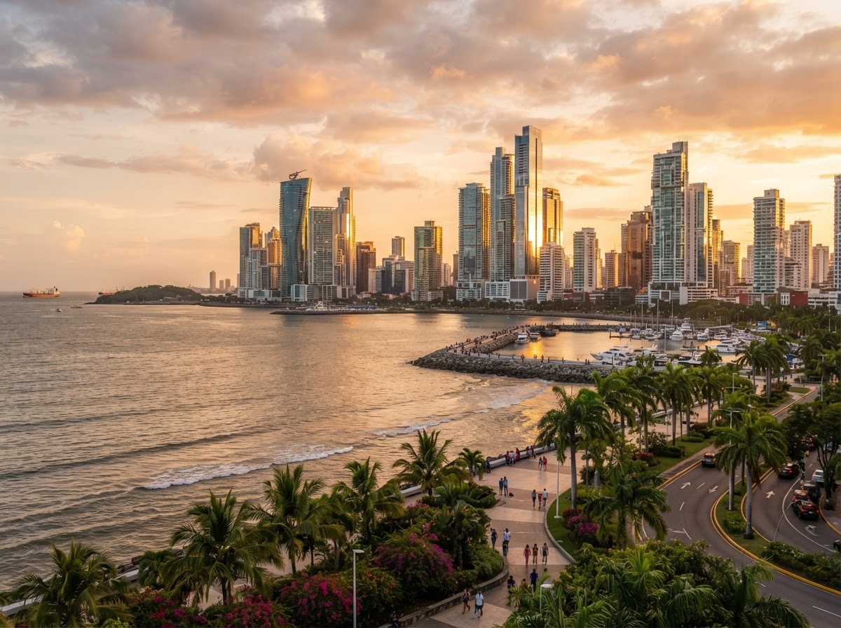 Panama City's modern skyline overlooking the waterfront with tropical scenery and beautiful golden natural lighting