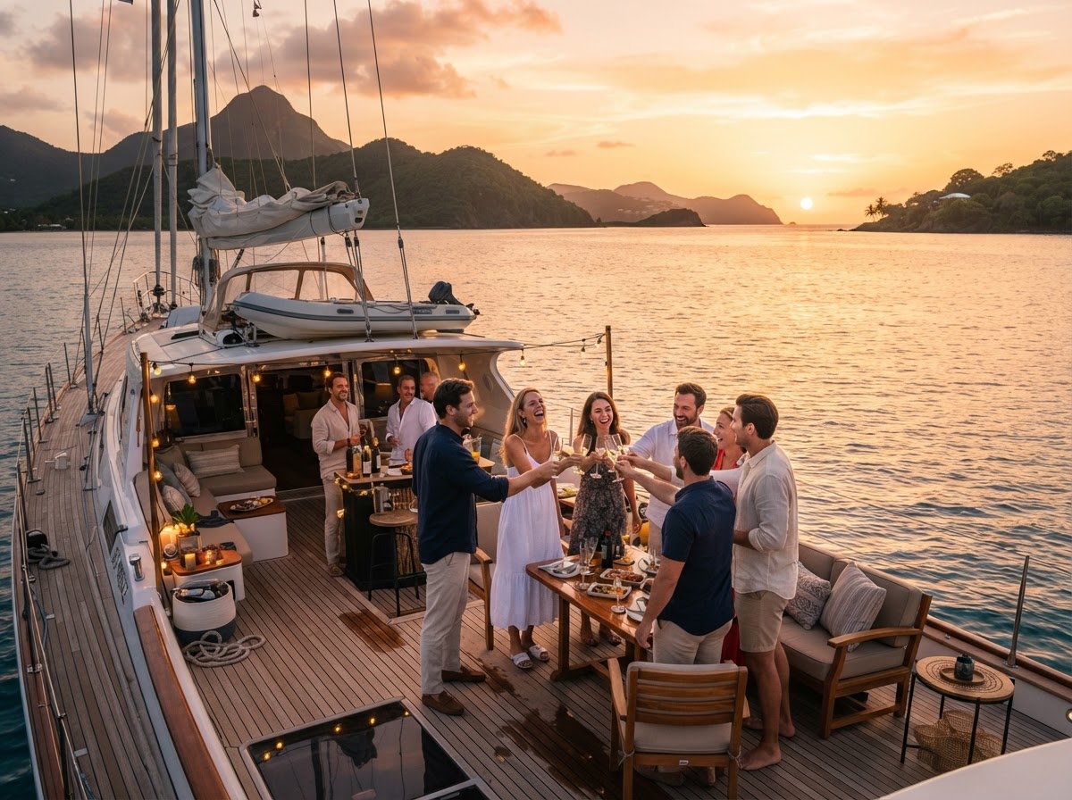 Friends celebrating on a yacht at sunset near tropical islands