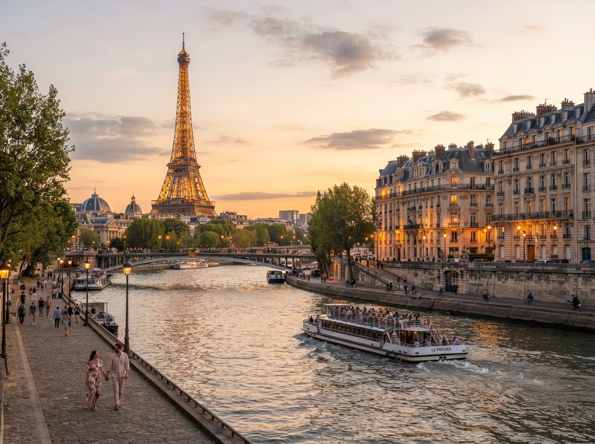 A romantic photorealistic image of the Eiffel Tower and the Seine River at golden hour in Paris, with elegant Haussmann Parisian architecture and beautiful warm lighting