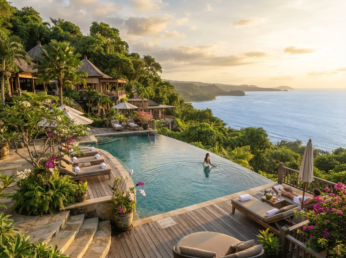 A serene luxury spa retreat with an elegant infinity pool, tropical greenery, and peaceful surroundings