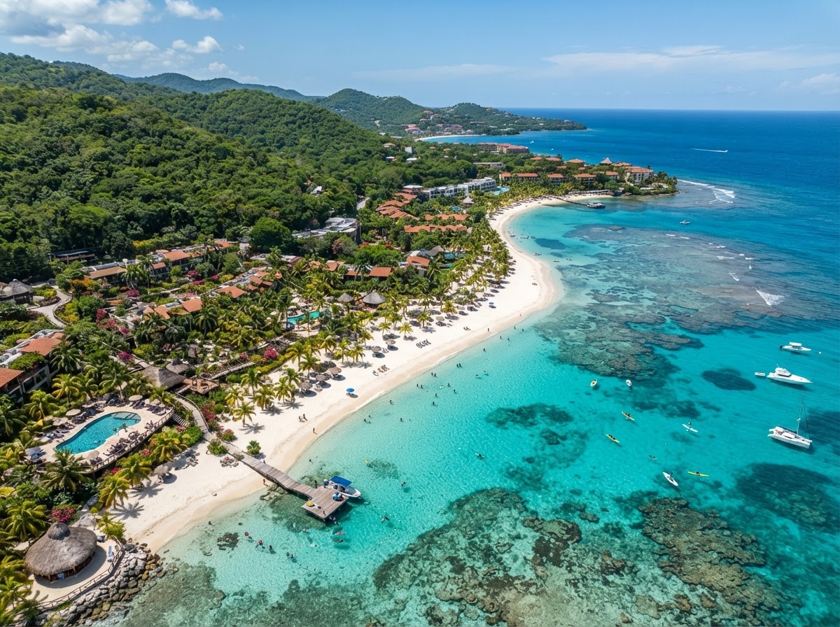 Aerial view of Roatán Honduras West Bay Beach with crystal-clear turquoise Caribbean water, white sand, palm trees, and a beachfront resort
