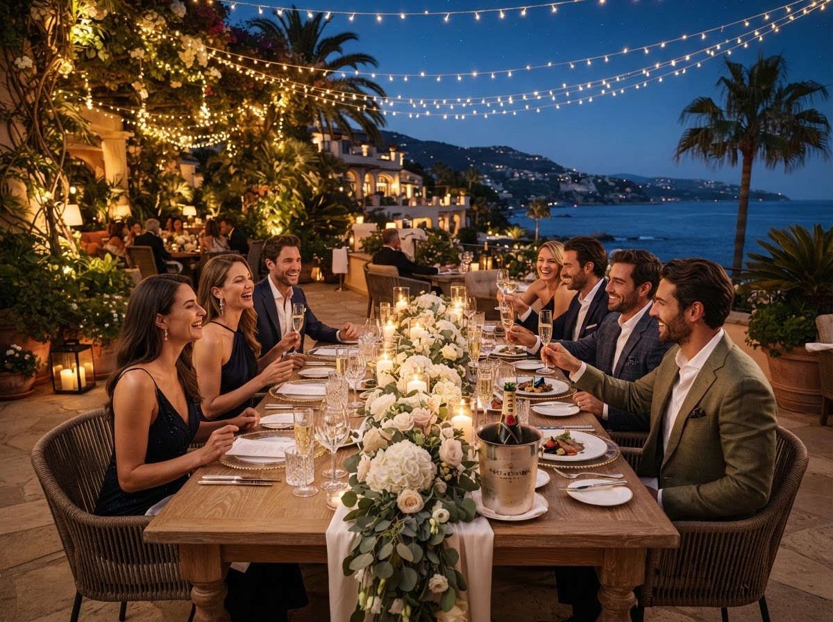 A beautifully styled celebration dinner at an upscale resort terrace with elegant table decor and warm evening lighting