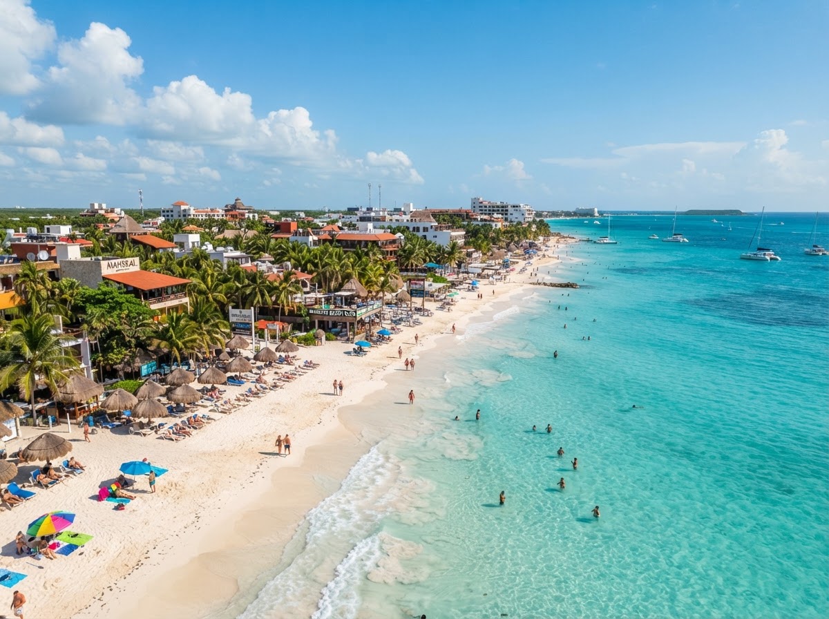 Beautiful Playa del Carmen beach with boutique waterfront resorts, palm trees, and inviting Caribbean water