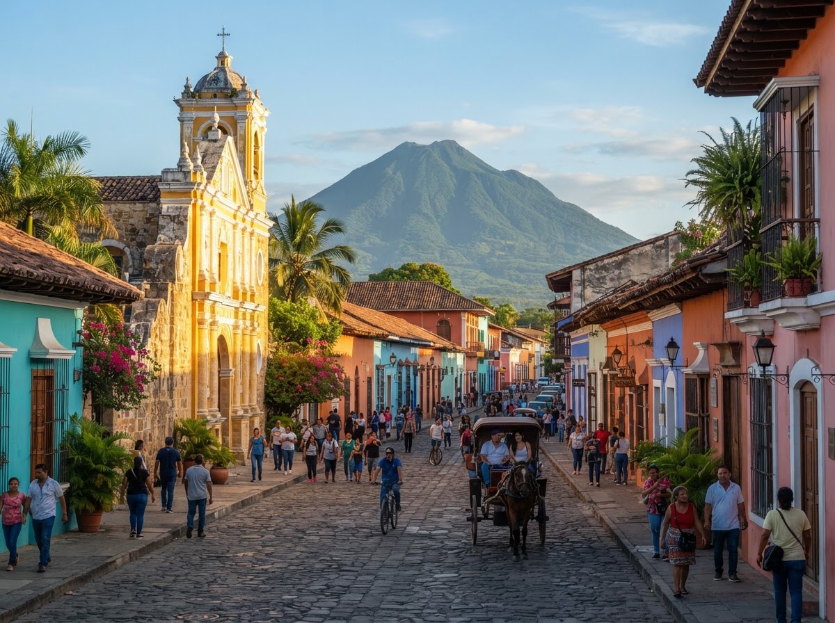 Beautiful travel photography of Granada Nicaragua's colorful colonial architecture with warm golden sunlight and lush volcanic scenery in the distance