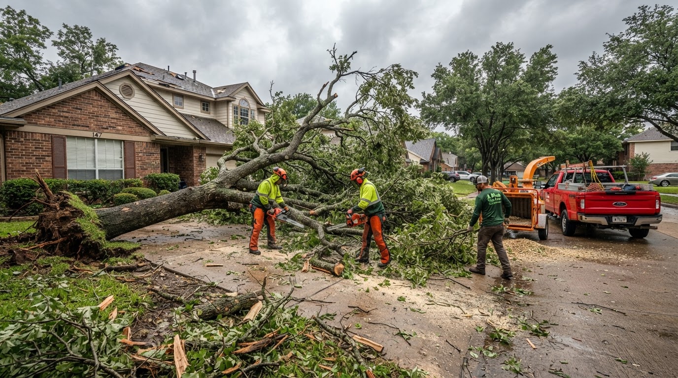 Storm-damaged tree with broken limbs across a residential yard