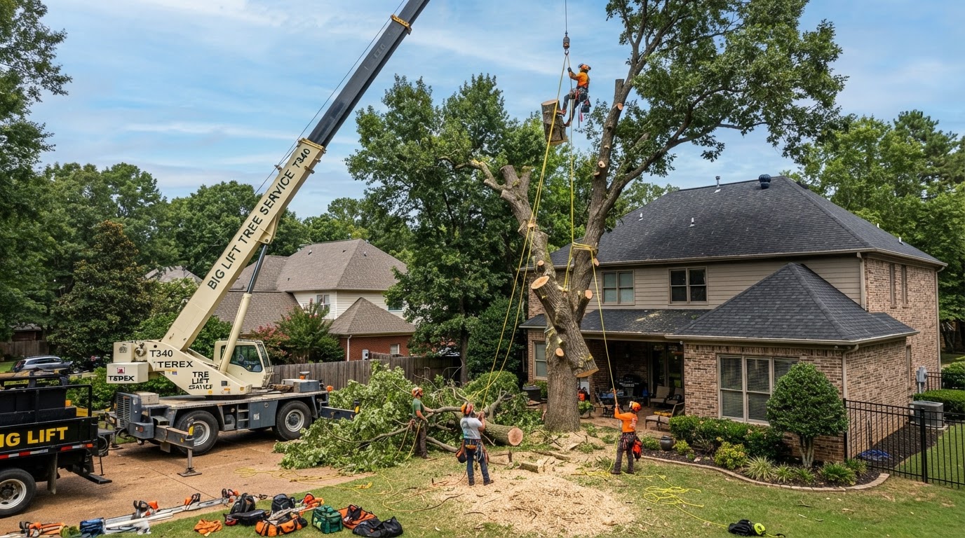 Crew dismantling a large tree with ropes and rigging near a house