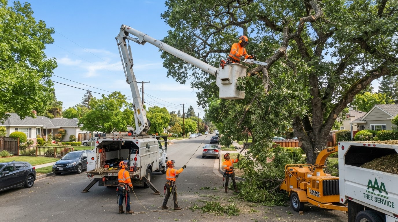 Arborist pruning a mature tree canopy with a bucket truck nearby