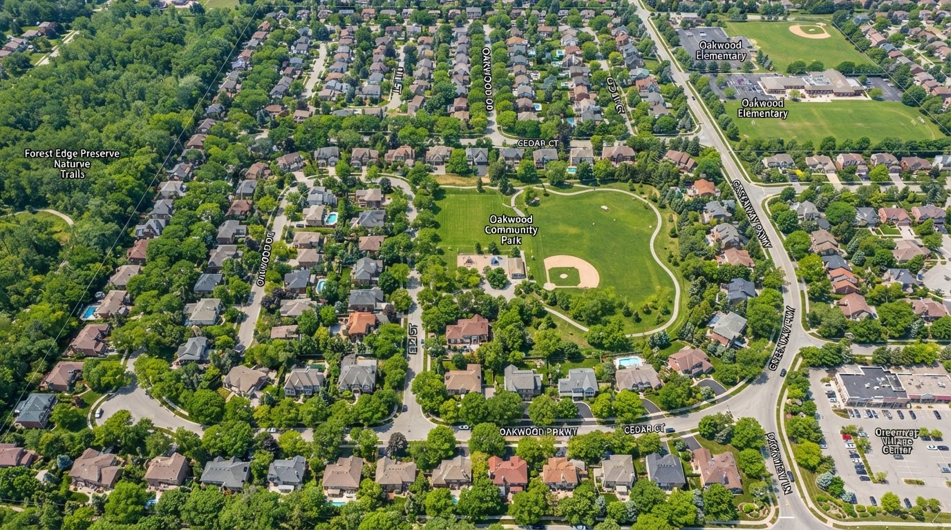 Tree-lined neighborhood with mature trees along residential streets