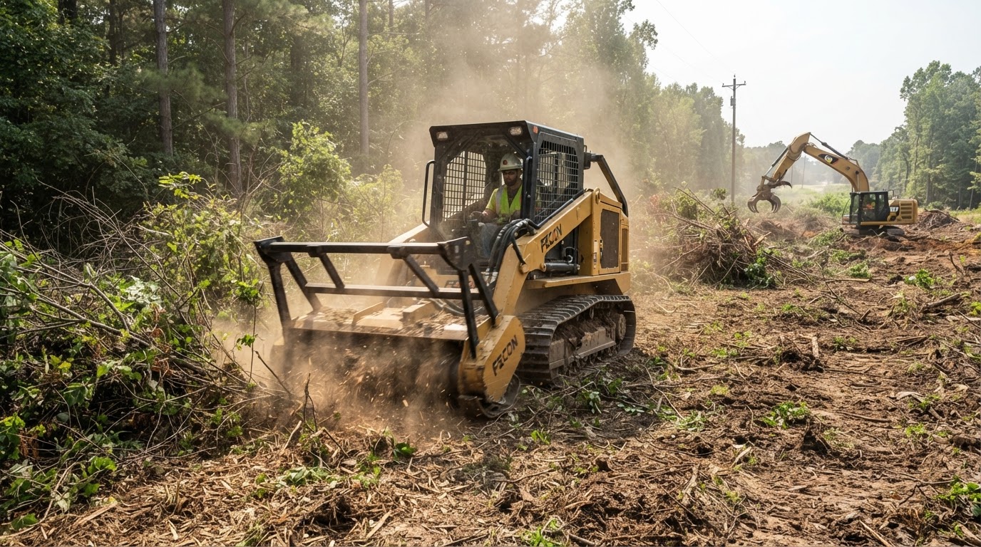 Crew clearing an overgrown lot while preserving mature trees