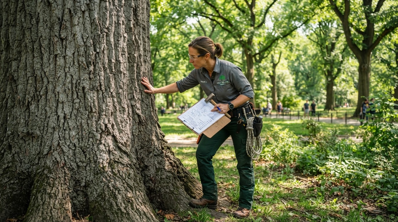 Arborist inspecting the trunk and canopy of a mature tree
