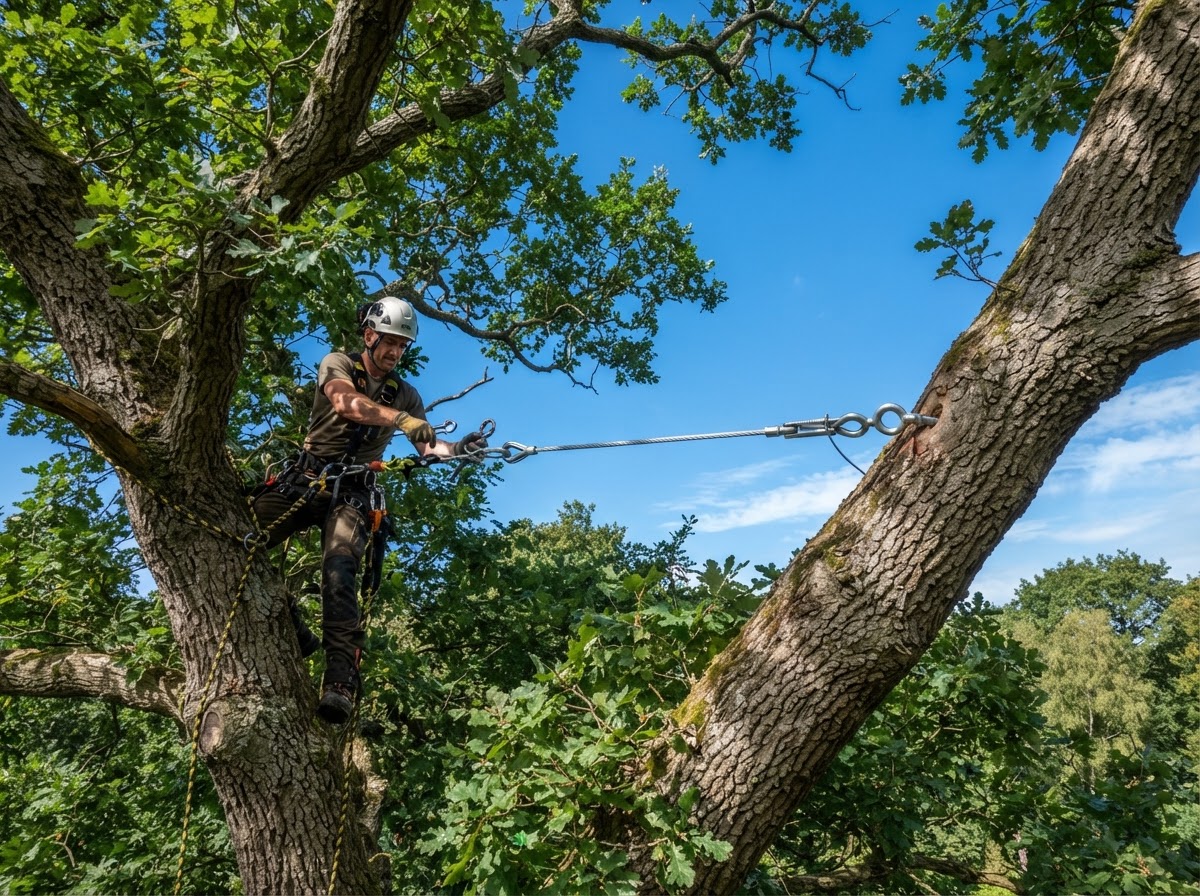Dynamic cable system installed to support a heavy co-dominant leader on a historic oak