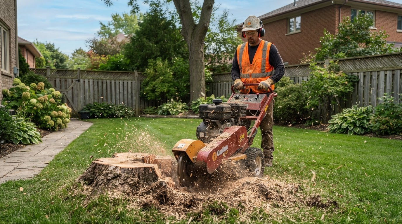 Stump grinder reducing an old tree stump below grade