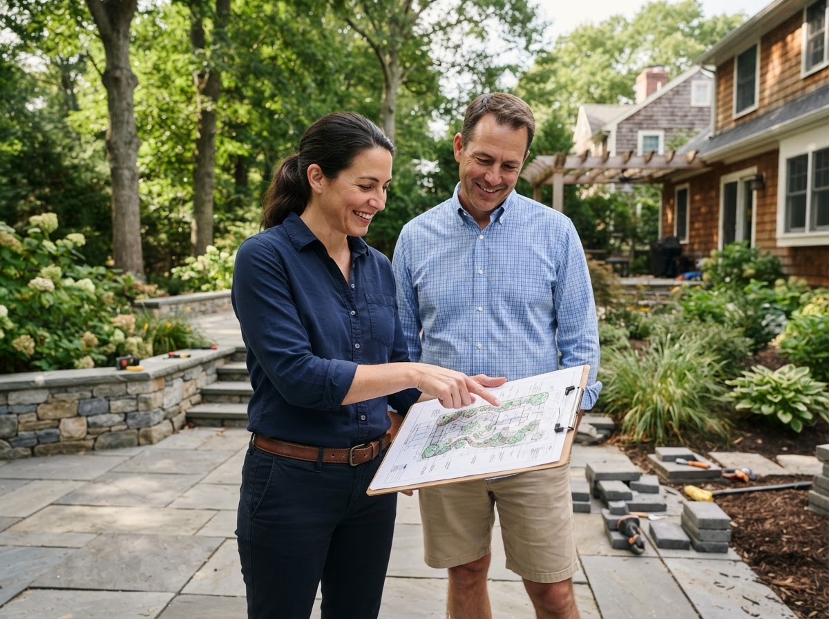 Landscape designer reviewing plans with a homeowner on site