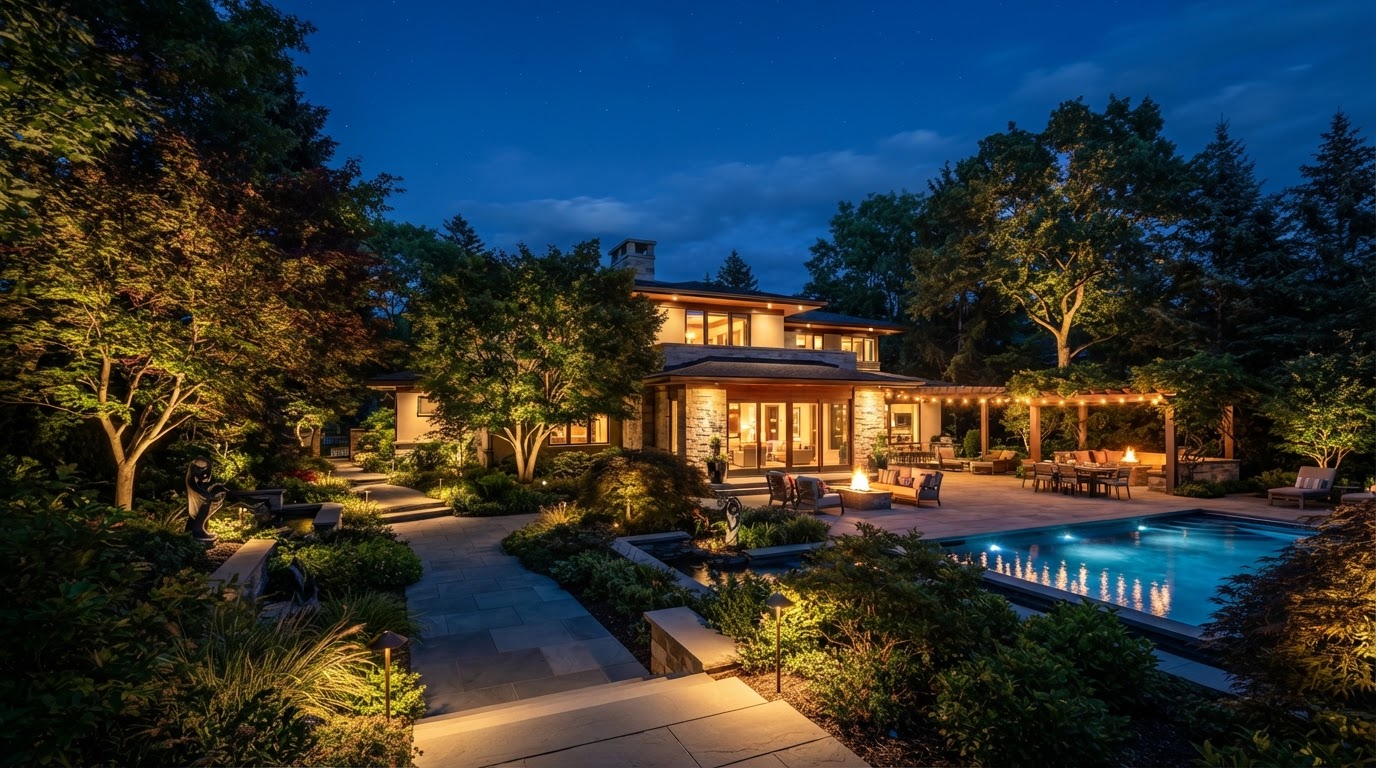 Backyard at dusk with landscape lighting, fire feature and seating area