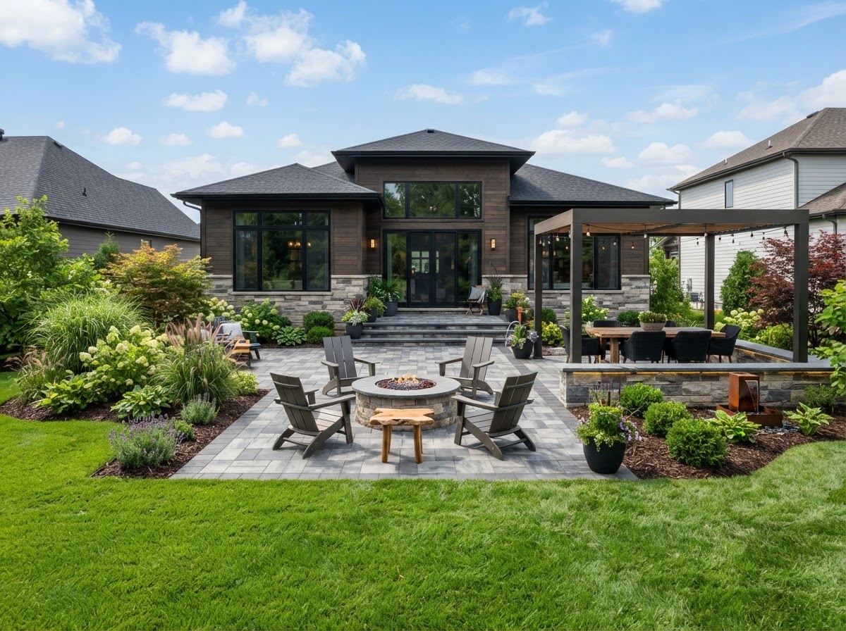 Oakwood backyard transformation with paver patio, fire feature and landscape lighting