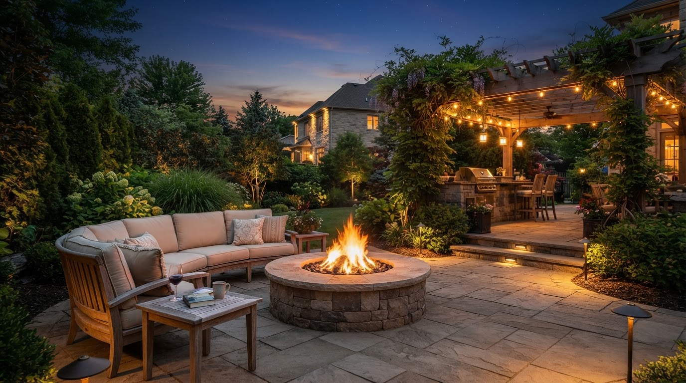 Patio and fire feature designed for evening gathering
