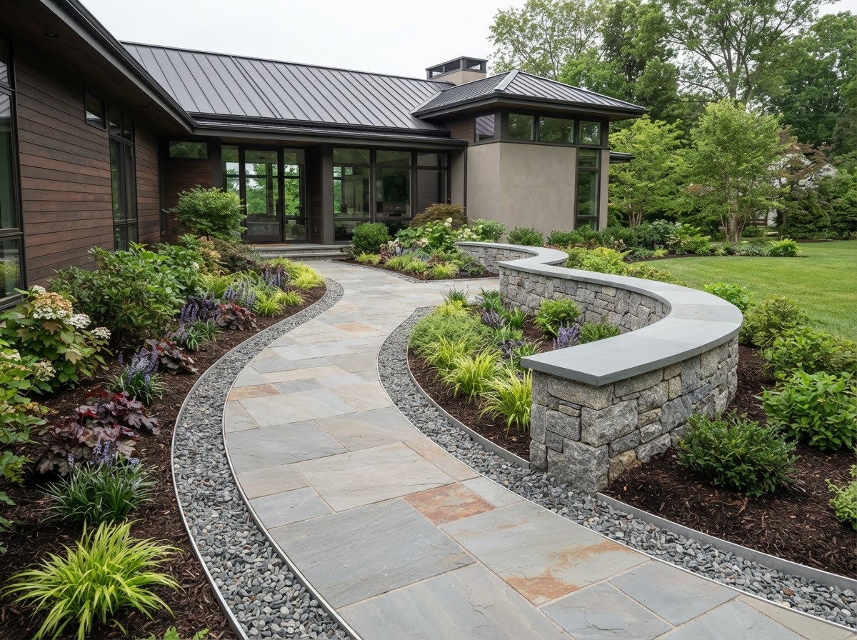 Hardscape walkway and planting installation