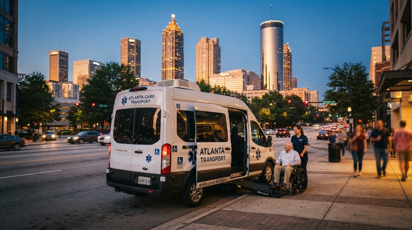 A wheelchair-accessible NEMT transport van parked on a downtown Atlanta street at golden hour