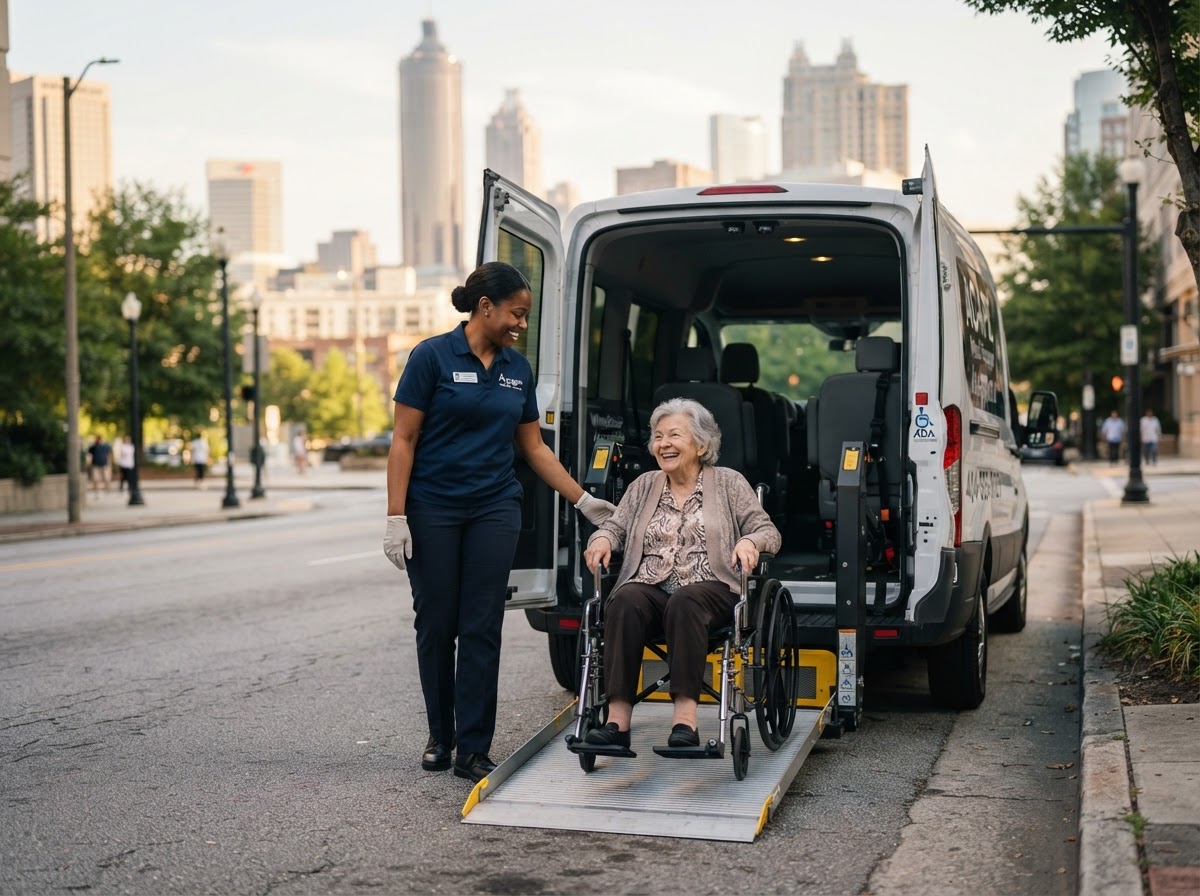 A NEMT caregiver assisting a patient in a wheelchair with the Atlanta skyline behind