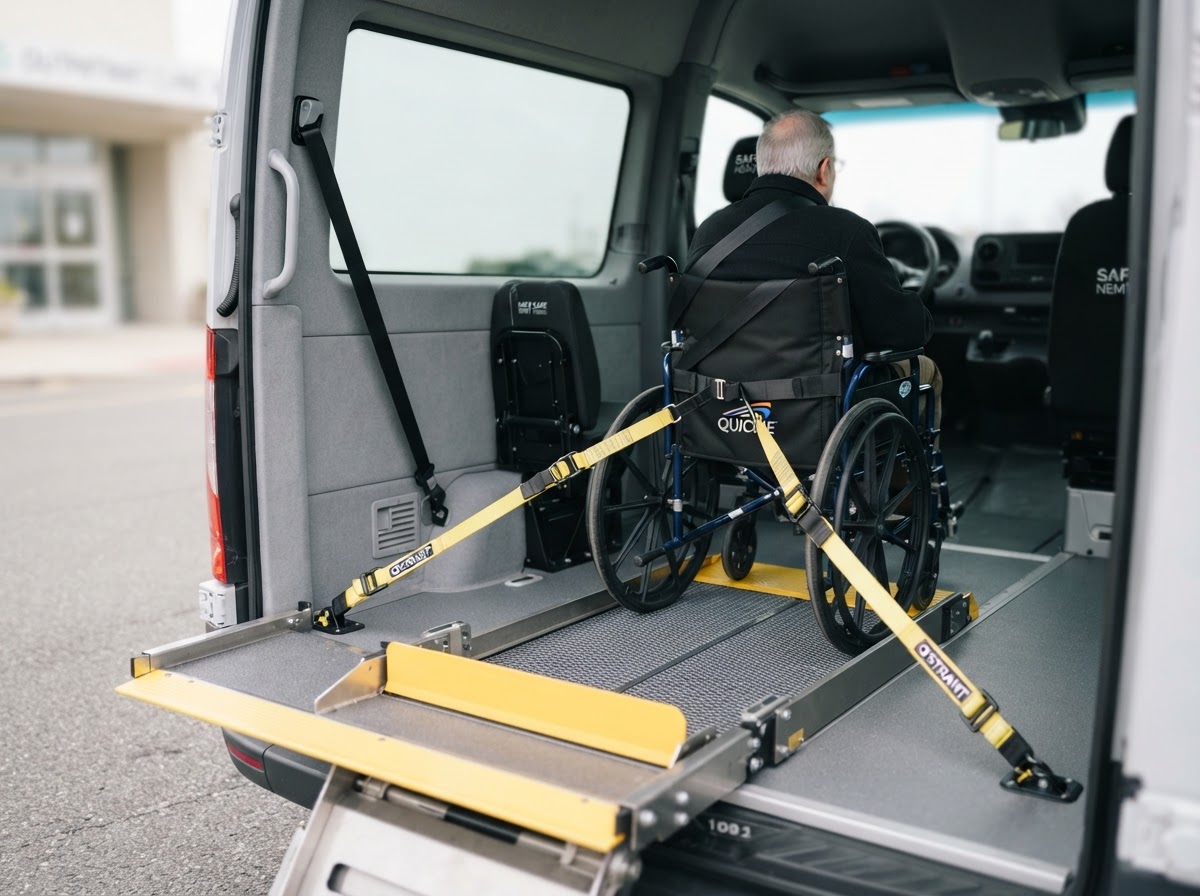 Interior of a wheelchair-accessible NEMT van with deployed lift and securement straps
