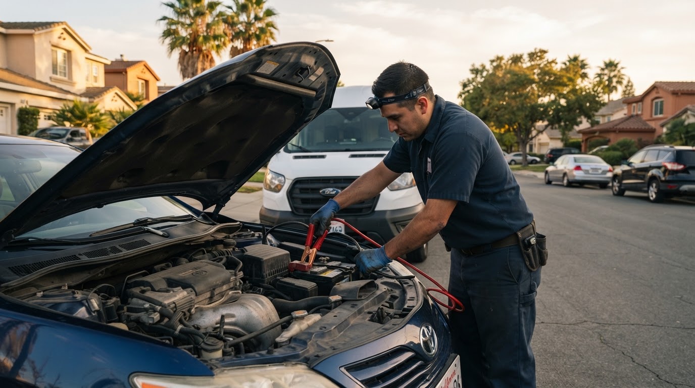 Roadside technician jump-starting a car battery with jumper cables in a San Jose neighborhood