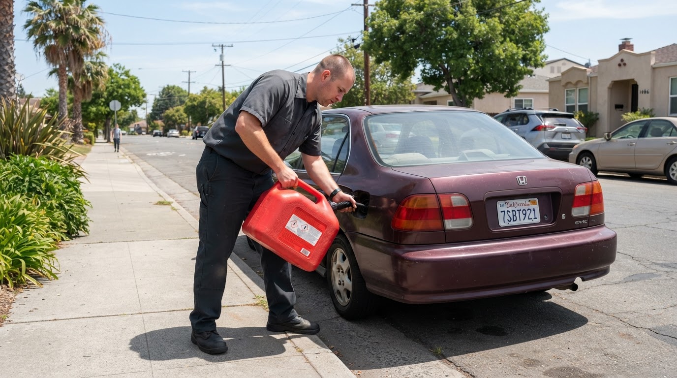 Roadside technician delivering a fuel canister to a stranded car on a San Jose street