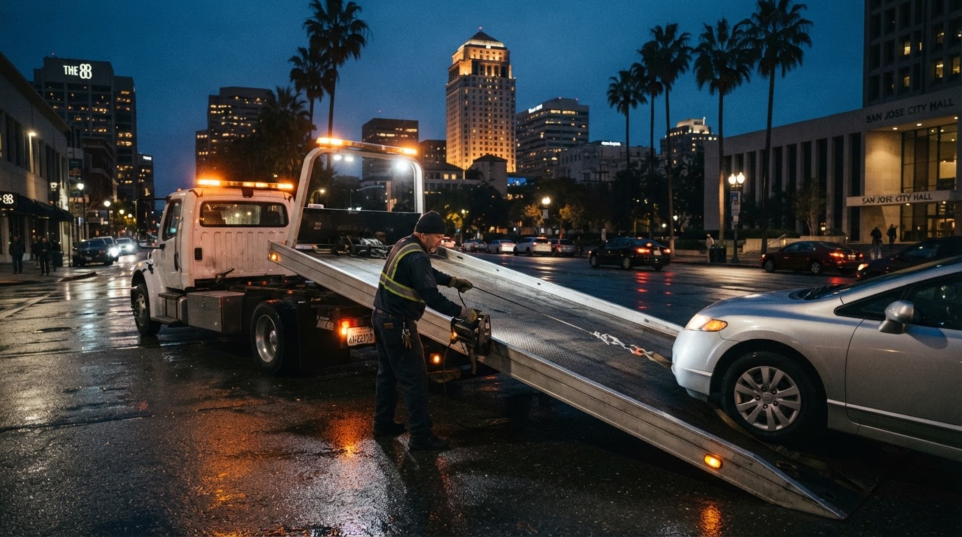Flatbed tow truck loading a sedan at night on a downtown San Jose street