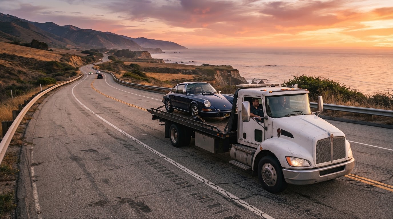 Flatbed tow truck hauling a car along a long open California highway at sunset