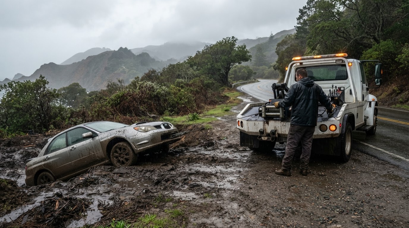 Tow truck winching a car out of a muddy ditch beside a rural Bay Area road in the rain