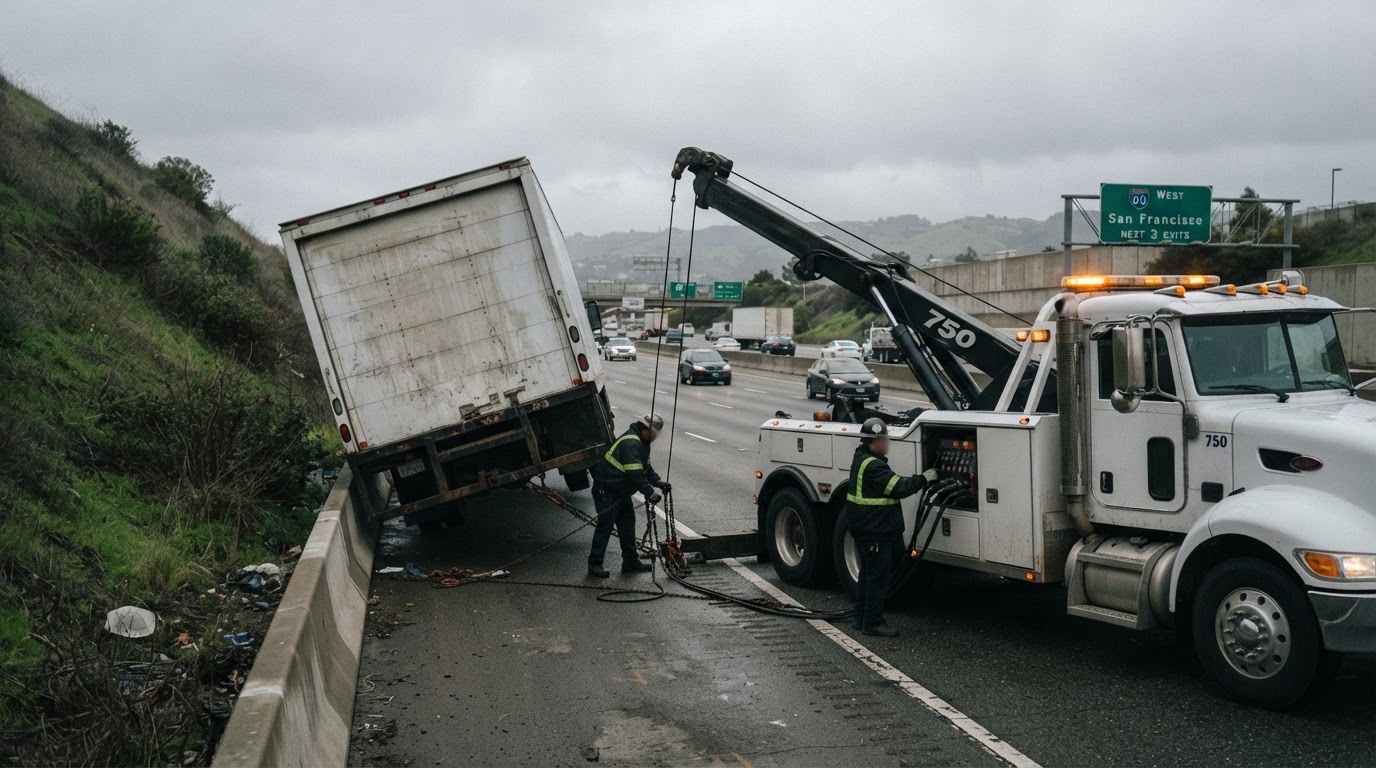 Heavy-duty tow truck recovering a box truck on the shoulder of a Bay Area freeway