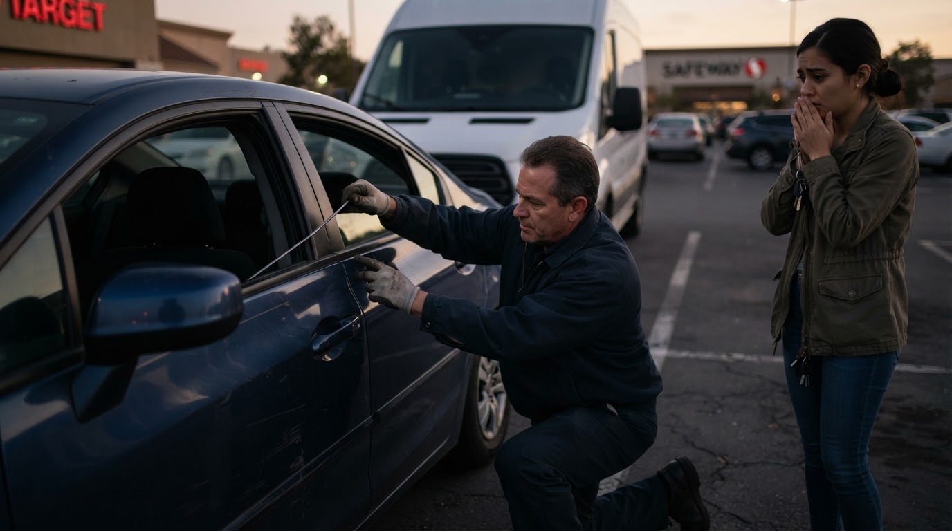 Roadside technician using a lockout tool to unlock a car door in a San Jose parking lot