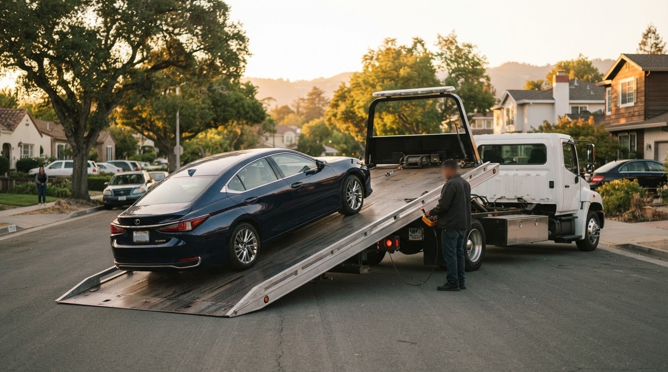 Flatbed tow truck loading a luxury sedan in a San Jose neighborhood at golden hour