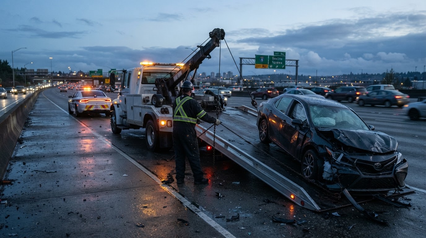 Tow truck clearing a damaged car from a freeway shoulder after a collision at dusk