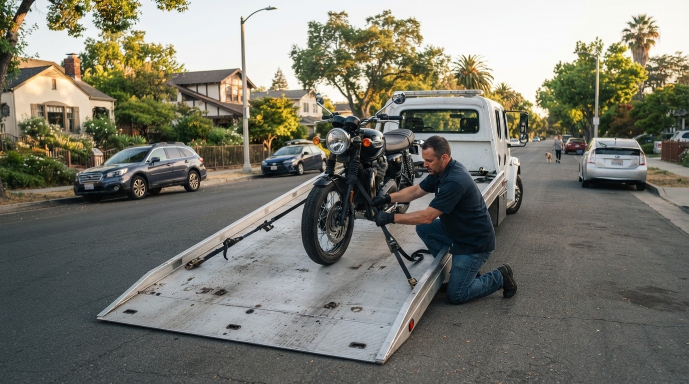Motorcycle being loaded and strapped onto a flatbed tow truck on a San Jose street