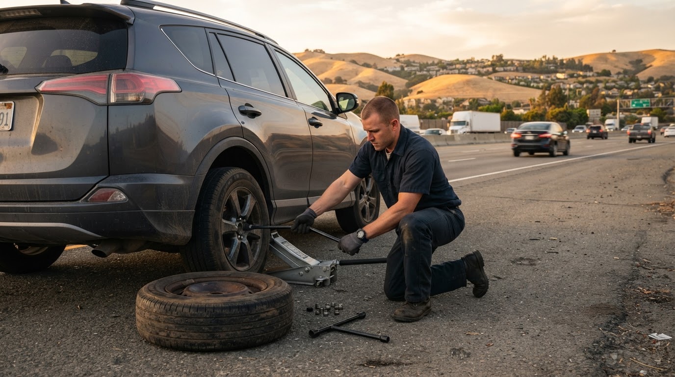 Roadside technician changing a flat tire on an SUV on the shoulder of a Bay Area freeway