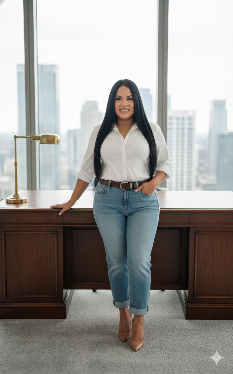 Roxanne Acosta, Founder and Financial Profile Specialist at Revive Financial Solutions, with the San Antonio skyline and Tower of the Americas