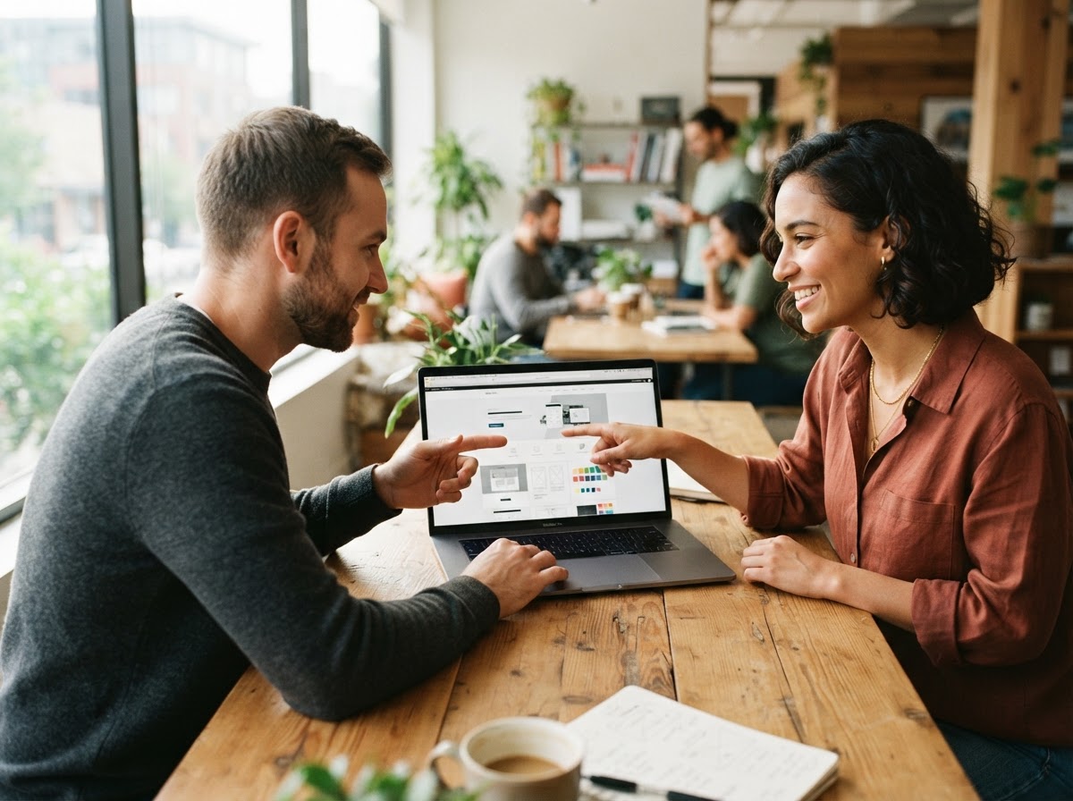 A business owner and a designer reviewing a website layout on a laptop