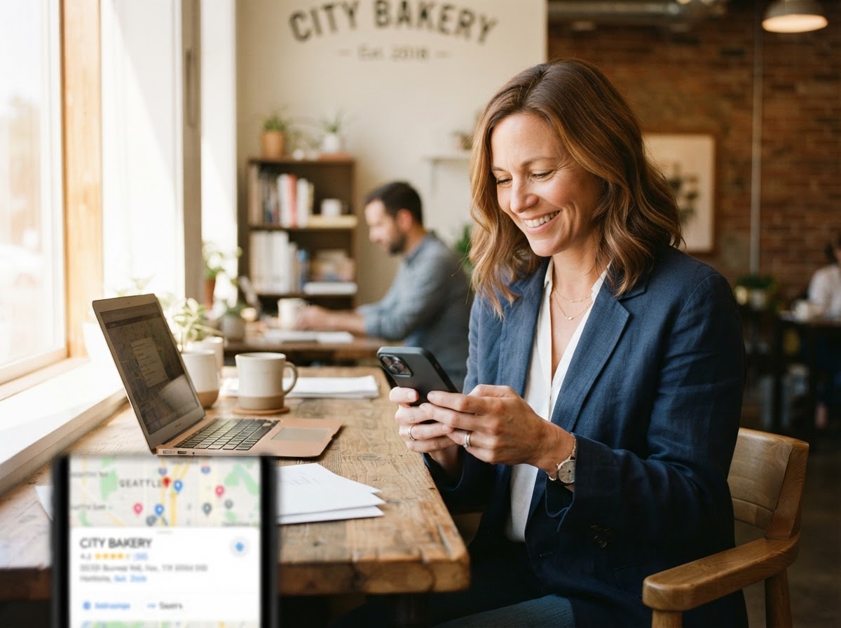 A small business owner checking a local map search result on their phone
