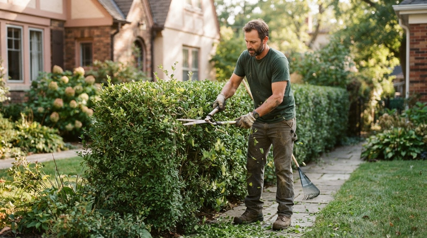 A landscaper tending to a tidy residential front yard in natural daylight